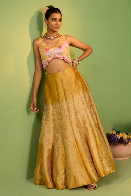 House Of Armuse Yellow Silk, Organza, Tissue Gota Patti, Sequins Noori Banarasi Lehenga Set Online at Aza Fashions House Of Armuse_Yellow Silk, Organza, Tissue Gota Patti, Sequins Noori Banarasi Lehenga Set _Online_at_Aza_Fashions