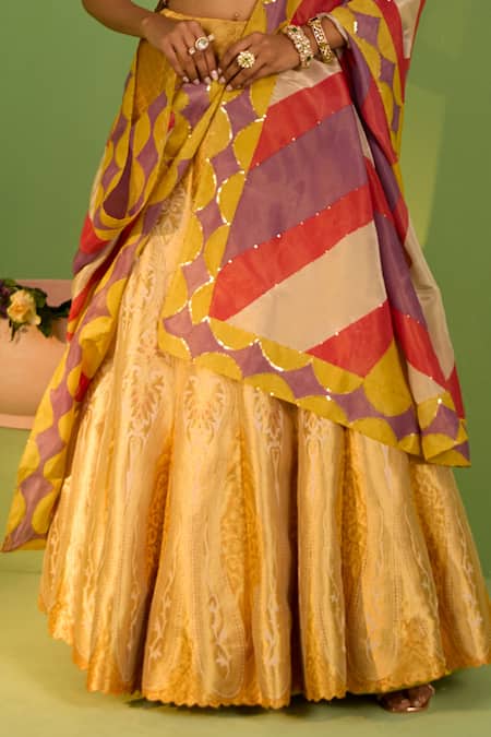 Buy House Of Armuse Yellow Silk, Organza, Tissue Gota Patti, Sequins Noori Banarasi Lehenga Set Online at Aza Fashions Buy_House Of Armuse_Yellow Silk, Organza, Tissue Gota Patti, Sequins Noori Banarasi Lehenga Set _Online_at_Aza_Fashions