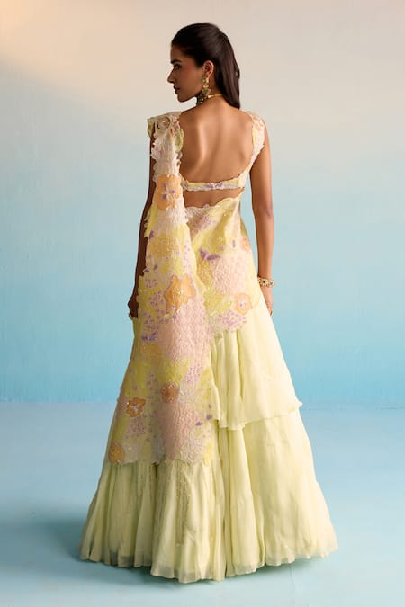 Shop House Of Armuse Yellow Organza Sequins Round Neck Ishya Lehenga Set at Aza Fashions Shop_House Of Armuse_Yellow Organza Sequins Round Neck Ishya Lehenga Set _at_Aza_Fashions