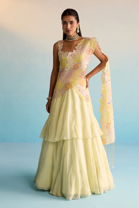 House Of Armuse Yellow Organza Sequins Round Neck Ishya Lehenga Set Online at Aza Fashions House Of Armuse_Yellow Organza Sequins Round Neck Ishya Lehenga Set _Online_at_Aza_Fashions