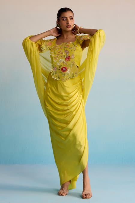 House Of Armuse Yellow Hand-Painted Cape & Skirt Set 