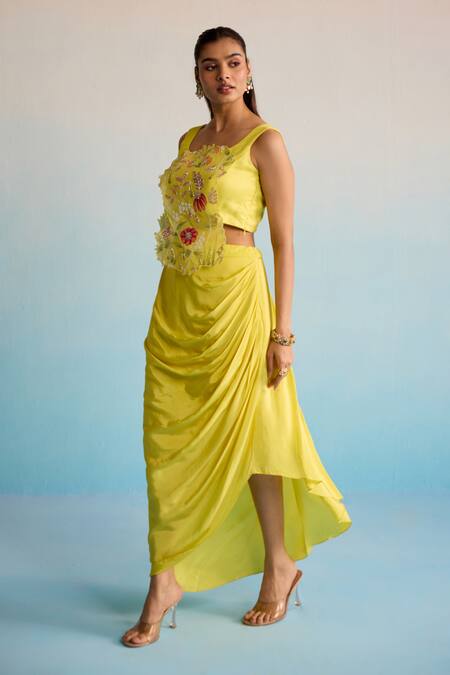 House Of Armuse Yellow Organza, Crepe Sequins, Cut Work Round Neck Hand-painted Cape And Skirt Set at Aza Fashions House Of Armuse_Yellow Organza, Crepe Sequins, Cut Work Round Neck Hand-painted Cape And Skirt Set _at_Aza_Fashions