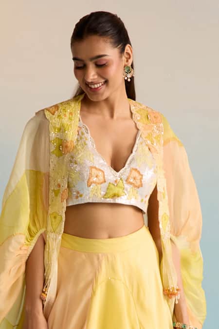 House Of Armuse Yellow Organza, Crepe Sequins, Cut Work V-neck Hand-painted Cape And Skirt Set Online at Aza Fashions House Of Armuse_Yellow Organza, Crepe Sequins, Cut Work V-neck Hand-painted Cape And Skirt Set _Online_at_Aza_Fashions