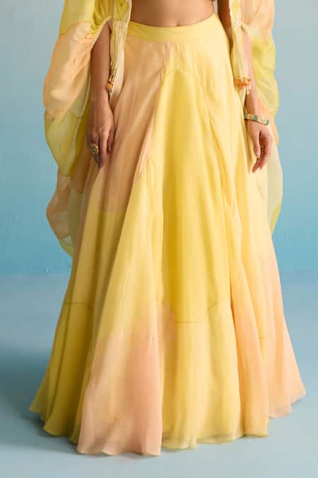 Buy House Of Armuse Yellow Organza, Crepe Sequins, Cut Work V-neck Hand-painted Cape And Skirt Set Online at Aza Fashions Buy_House Of Armuse_Yellow Organza, Crepe Sequins, Cut Work V-neck Hand-painted Cape And Skirt Set _Online_at_Aza_Fashions