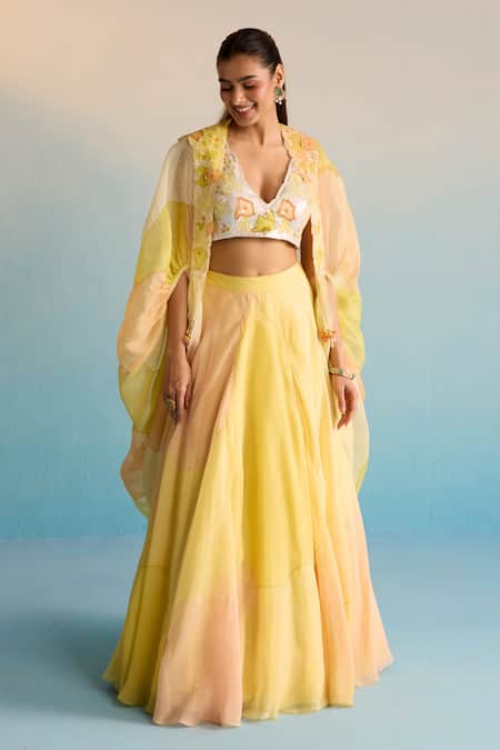 Shop House Of Armuse Yellow Organza, Crepe Sequins, Cut Work V-neck Hand-painted Cape And Skirt Set Online at Aza Fashions Shop_House Of Armuse_Yellow Organza, Crepe Sequins, Cut Work V-neck Hand-painted Cape And Skirt Set _Online_at_Aza_Fashions