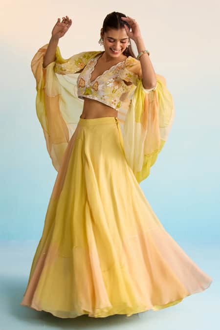 Buy House Of Armuse Yellow Organza, Crepe Sequins, Cut Work V-neck Hand-painted Cape And Skirt Set Buy_House Of Armuse_Yellow Organza, Crepe Sequins, Cut Work V-neck Hand-painted Cape And Skirt Set