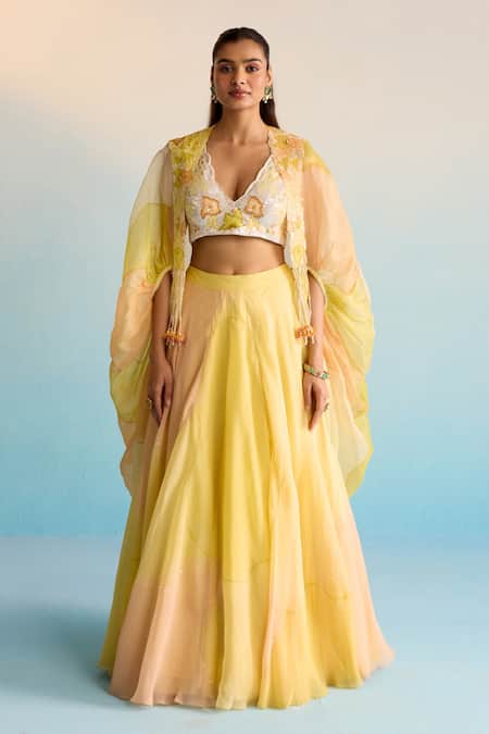 Shop House Of Armuse Yellow Organza, Crepe Sequins, Cut Work V-neck Hand-painted Cape And Skirt Set Shop_House Of Armuse_Yellow Organza, Crepe Sequins, Cut Work V-neck Hand-painted Cape And Skirt Set