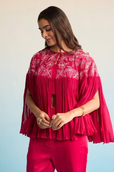 House Of Armuse_Pink Silk Sequins, Cut Work Round Neck Hot Laleh Chiffon Coord Set _at_Aza_Fashions