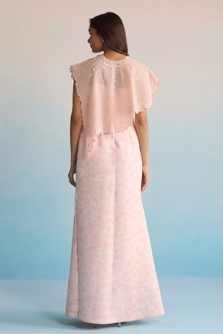 Shop House Of Armuse Blush Neoprene Sequins, Cut Work Celene Cape And Skirt Set at Aza Fashions Shop_House Of Armuse_Blush Neoprene Sequins, Cut Work Celene Cape And Skirt Set _at_Aza_Fashions
