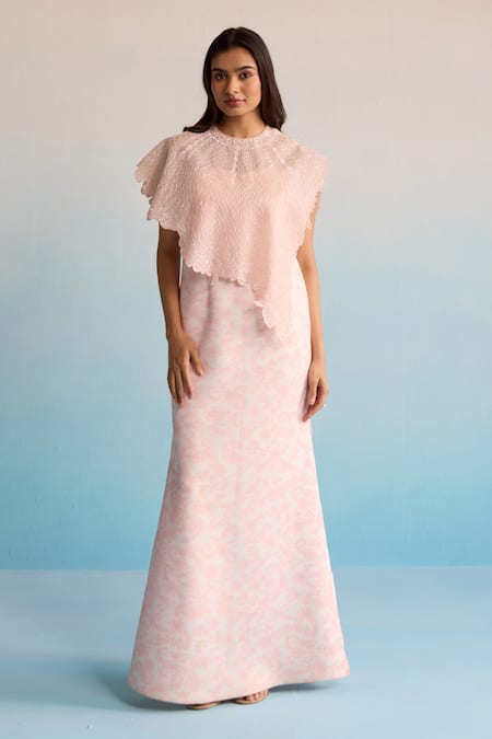 House Of Armuse Blush Neoprene Sequins, Cut Work Celene Cape And Skirt Set