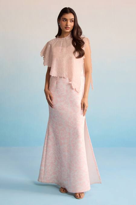 House Of Armuse Blush Neoprene Sequins, Cut Work Celene Cape And Skirt Set Online at Aza Fashions House Of Armuse_Blush Neoprene Sequins, Cut Work Celene Cape And Skirt Set _Online_at_Aza_Fashions