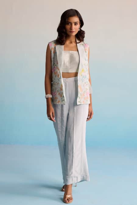 Shop House Of Armuse Blue Organza, Crepe Embroidery Open , Square Lilou Coord Set Online at Aza Fashions Shop_House Of Armuse_Blue Organza, Crepe Embroidery Open , Square Lilou Coord Set _Online_at_Aza_Fashions