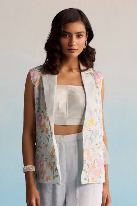 House Of Armuse Blue Organza, Crepe Embroidery Open , Square Lilou Coord Set at Aza Fashions House Of Armuse_Blue Organza, Crepe Embroidery Open , Square Lilou Coord Set _at_Aza_Fashions