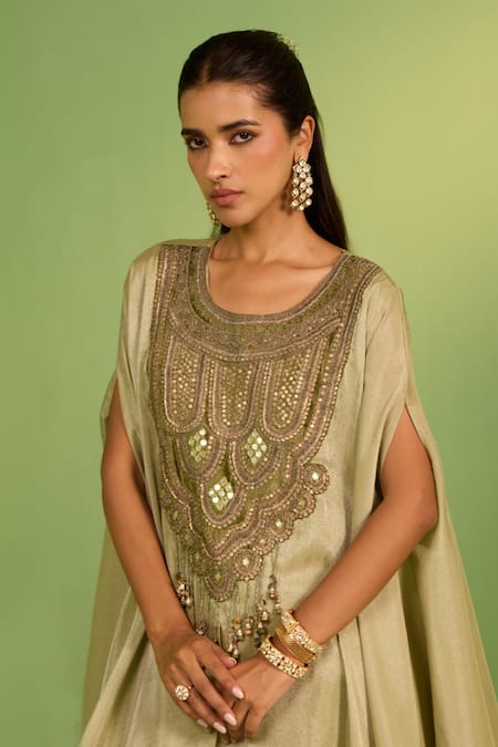 Shop House Of Armuse Green Silk, Tussar Sequins, Pearls Round Neck Henham Kaftan Set Online at Aza Fashions Shop_House Of Armuse_Green Silk, Tussar Sequins, Pearls Round Neck Henham Kaftan Set _Online_at_Aza_Fashions