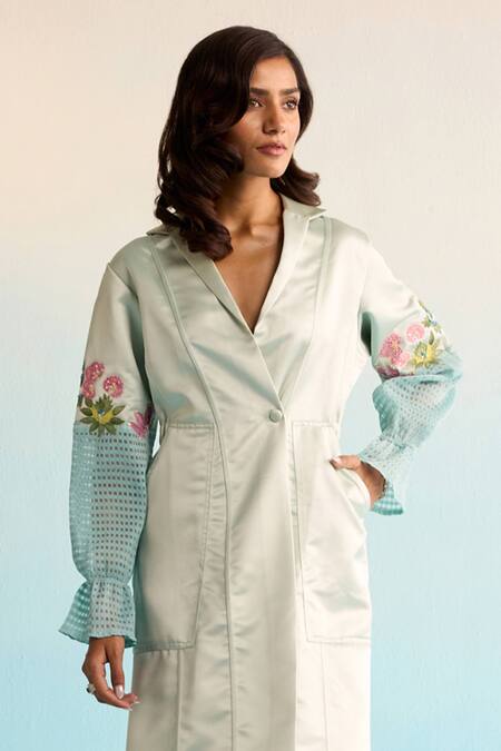 House Of Armuse_Blue Neoprene Embroidery V-neck Kalila Dress _Online_at_Aza_Fashions