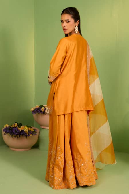 Shop House Of Armuse Orange Chanderi Silk, Organza Embroidery V-neck Saphira Sharara Set at Aza Fashions Shop_House Of Armuse_Orange Chanderi Silk, Organza Embroidery V-neck Saphira Sharara Set _at_Aza_Fashions