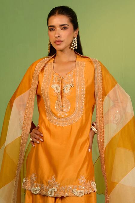 House Of Armuse Orange Chanderi Silk, Organza Embroidery V-neck Saphira Sharara Set Online at Aza Fashions House Of Armuse_Orange Chanderi Silk, Organza Embroidery V-neck Saphira Sharara Set _Online_at_Aza_Fashions