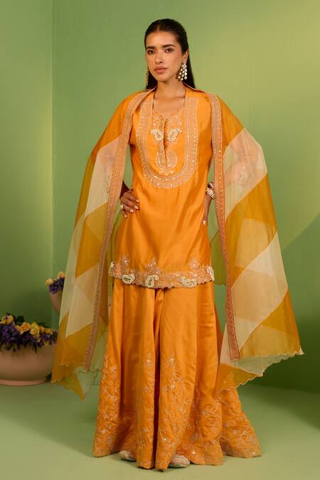 Buy House Of Armuse Orange Chanderi Silk, Organza Embroidery V-neck Saphira Sharara Set Online at Aza Fashions Buy_House Of Armuse_Orange Chanderi Silk, Organza Embroidery V-neck Saphira Sharara Set _Online_at_Aza_Fashions
