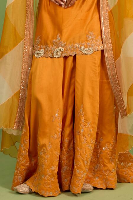 Shop House Of Armuse Orange Chanderi Silk, Organza Embroidery V-neck Saphira Sharara Set Online at Aza Fashions Shop_House Of Armuse_Orange Chanderi Silk, Organza Embroidery V-neck Saphira Sharara Set _Online_at_Aza_Fashions