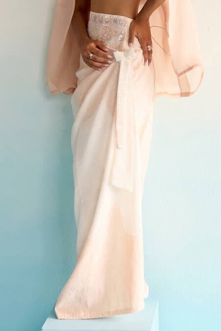 House Of Armuse_Peach Velvet, Organza Sequins Square , Open Anouk Top And Skirt Set _Online_at_Aza_Fashions