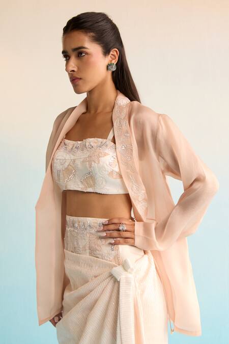 Buy_House Of Armuse_Peach Velvet, Organza Sequins Square , Open Anouk Top And Skirt Set _Online_at_Aza_Fashions