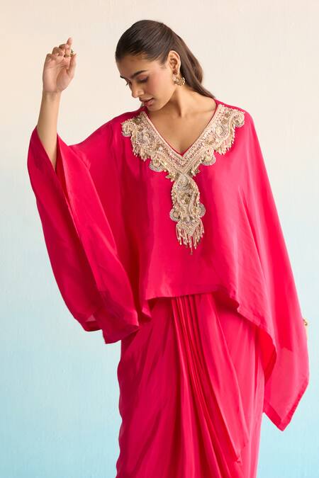 House Of Armuse_Pink Crepe Beads, Embroidery V-neck Iridessa Hot Kaftan Set _Online_at_Aza_Fashions
