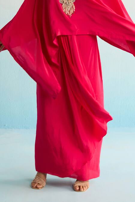 Buy_House Of Armuse_Pink Crepe Beads, Embroidery V-neck Iridessa Hot Kaftan Set _Online_at_Aza_Fashions