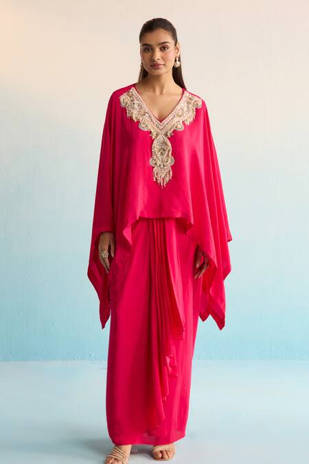 Shop_House Of Armuse_Pink Crepe Beads, Embroidery V-neck Iridessa Hot Kaftan Set _Online_at_Aza_Fashions