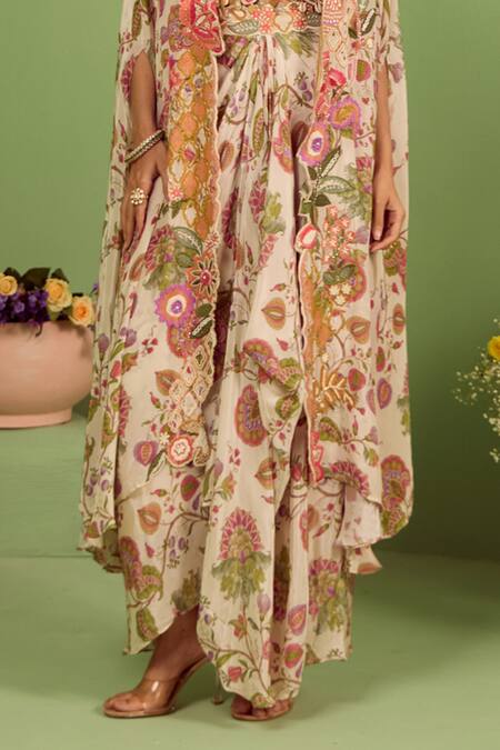 House Of Armuse_Off White Silk, Georgette Pearls, Beads Round Neck Adhya Printed Kaftan Set _Online_at_Aza_Fashions