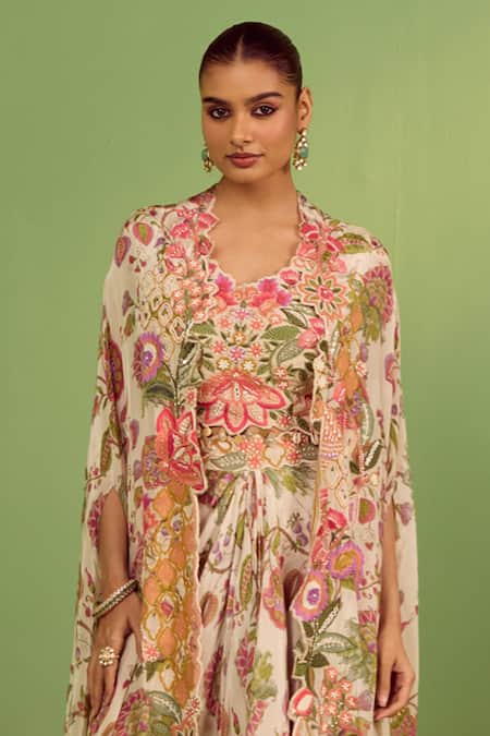 Buy_House Of Armuse_Off White Silk, Georgette Pearls, Beads Round Neck Adhya Printed Kaftan Set _Online_at_Aza_Fashions