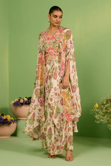 Shop_House Of Armuse_Off White Silk, Georgette Pearls, Beads Round Neck Adhya Printed Kaftan Set _Online_at_Aza_Fashions
