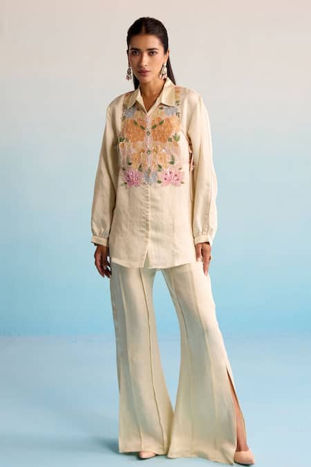 House Of Armuse Yellow Modal, Silk Embroidery, Cut Work Collared Lemon Handpainted Coord Set 