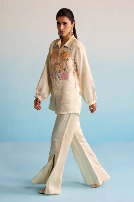 Shop House Of Armuse Yellow Modal, Silk Embroidery, Cut Work Collared Lemon Handpainted Coord Set Online at Aza Fashions Shop_House Of Armuse_Yellow Modal, Silk Embroidery, Cut Work Collared Lemon Handpainted Coord Set _Online_at_Aza_Fashions