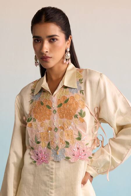 House Of Armuse Yellow Modal, Silk Embroidery, Cut Work Collared Lemon Handpainted Coord Set at Aza Fashions House Of Armuse_Yellow Modal, Silk Embroidery, Cut Work Collared Lemon Handpainted Coord Set _at_Aza_Fashions