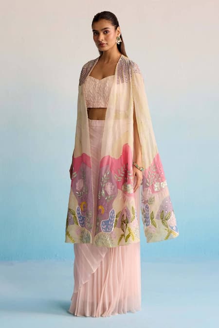 Shop House Of Armuse Pink Organza Sequins, Cut Work Sweetheart Neck Blush Handpainted Cape Set Online at Aza Fashions Shop_House Of Armuse_Pink Organza Sequins, Cut Work Sweetheart Neck Blush Handpainted Cape Set _Online_at_Aza_Fashions