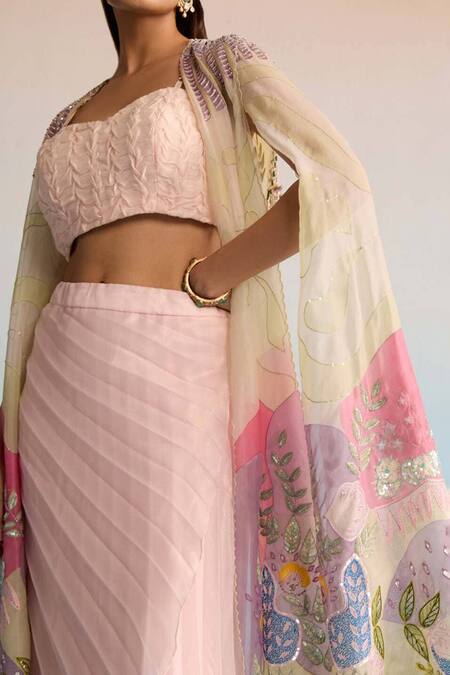 House Of Armuse Pink Organza Sequins, Cut Work Sweetheart Neck Blush Handpainted Cape Set at Aza Fashions House Of Armuse_Pink Organza Sequins, Cut Work Sweetheart Neck Blush Handpainted Cape Set _at_Aza_Fashions