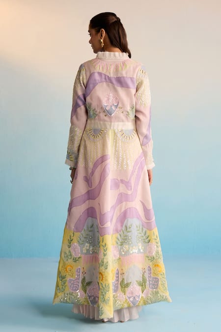 Shop House Of Armuse Blush Silk, Organza Sequins, Cut Work, Pink Handpainted Skirt And Jacket Set at Aza Fashions Shop_House Of Armuse_Blush Silk, Organza Sequins, Cut Work, Pink Handpainted Skirt And Jacket Set _at_Aza_Fashions