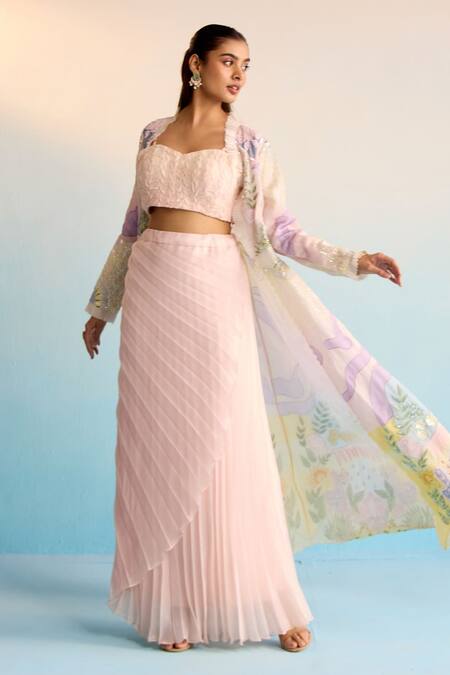 Buy House Of Armuse Blush Silk, Organza Sequins, Cut Work, Pink Handpainted Skirt And Jacket Set Online at Aza Fashions Buy_House Of Armuse_Blush Silk, Organza Sequins, Cut Work, Pink Handpainted Skirt And Jacket Set _Online_at_Aza_Fashions