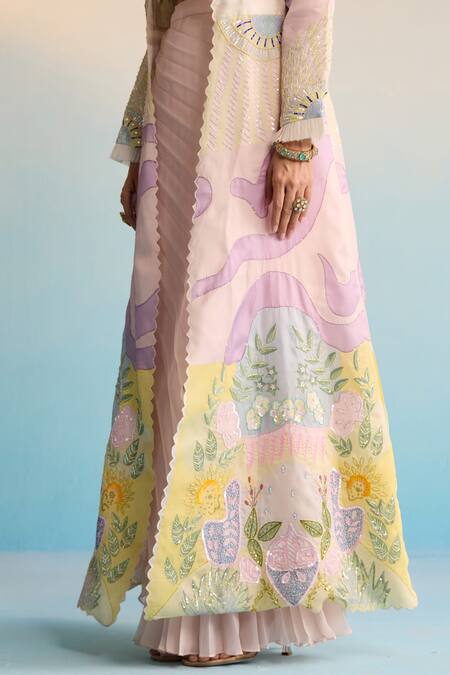 House Of Armuse Blush Silk, Organza Sequins, Cut Work, Pink Handpainted Skirt And Jacket Set at Aza Fashions House Of Armuse_Blush Silk, Organza Sequins, Cut Work, Pink Handpainted Skirt And Jacket Set _at_Aza_Fashions