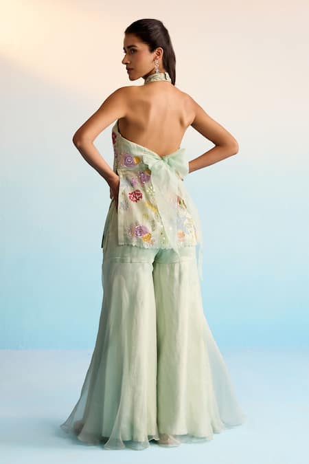 Shop House Of Armuse Mint Organza Sequins Halter Neck Ocean Breeze Sharara Set at Aza Fashions Shop_House Of Armuse_Mint Organza Sequins Halter Neck Ocean Breeze Sharara Set _at_Aza_Fashions