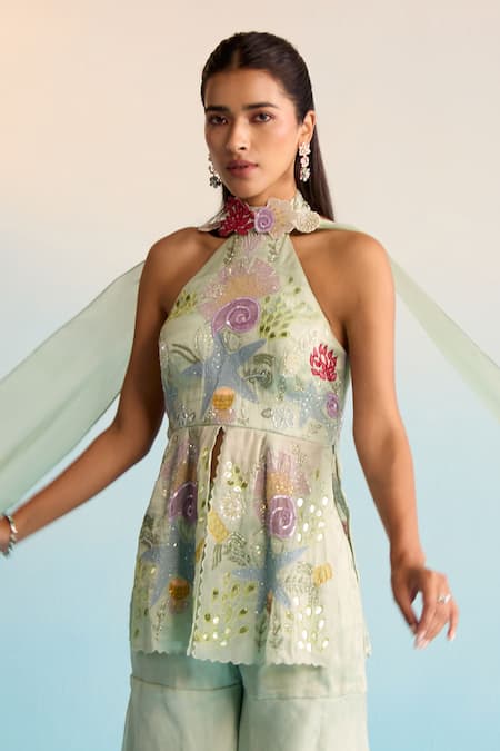 Buy House Of Armuse Mint Organza Sequins Halter Neck Ocean Breeze Sharara Set Online at Aza Fashions Buy_House Of Armuse_Mint Organza Sequins Halter Neck Ocean Breeze Sharara Set _Online_at_Aza_Fashions