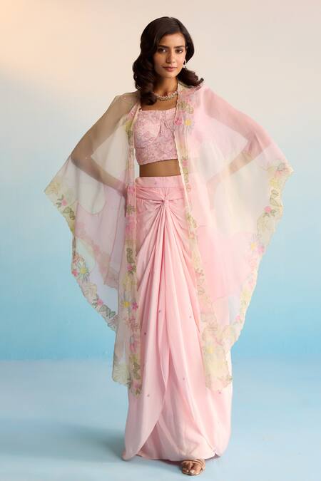 Buy House Of Armuse Pink Crepe Embroidery, Cut Work Blush Cape And Skirt Set Online at Aza Fashions Buy_House Of Armuse_Pink Crepe Embroidery, Cut Work Blush Cape And Skirt Set _Online_at_Aza_Fashions