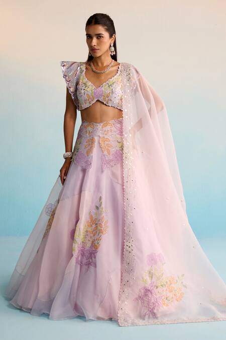 Buy House Of Armuse Purple Organza Sequins, Cut Work V-neck Handpainted Lehenga Set Online at Aza Fashions Buy_House Of Armuse_Purple Organza Sequins, Cut Work V-neck Handpainted Lehenga Set _Online_at_Aza_Fashions
