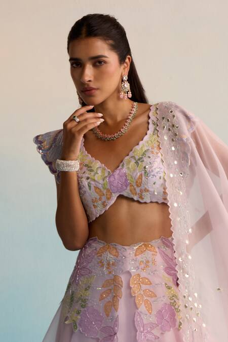 Shop House Of Armuse Purple Organza Sequins, Cut Work V-neck Handpainted Lehenga Set Online at Aza Fashions Shop_House Of Armuse_Purple Organza Sequins, Cut Work V-neck Handpainted Lehenga Set _Online_at_Aza_Fashions