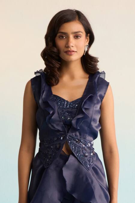 House Of Armuse_Navy Organza Sequins, Cut Work Round , Sweetheart Blue Jacket Set _Online_at_Aza_Fashions