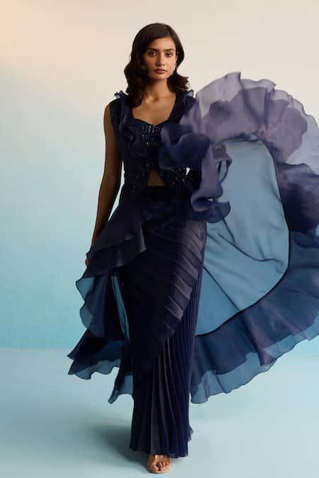 Buy_House Of Armuse_Navy Organza Sequins, Cut Work Round , Sweetheart Blue Jacket Set _Online_at_Aza_Fashions