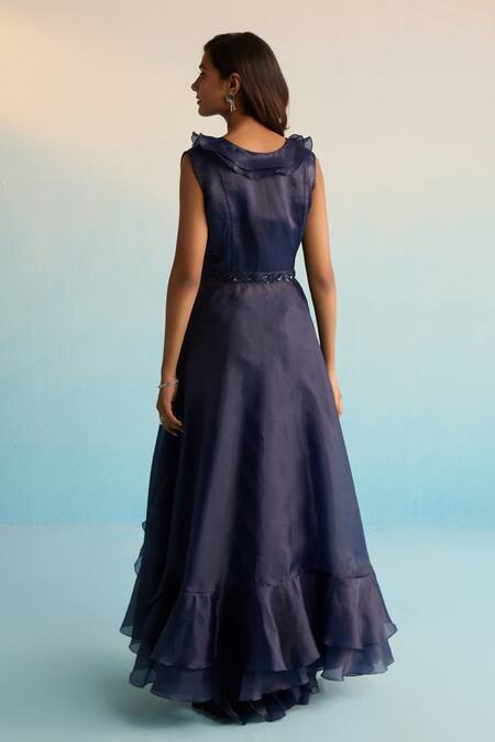 Shop_House Of Armuse_Navy Organza Sequins, Cut Work Round , Sweetheart Blue Jacket Set _Online_at_Aza_Fashions