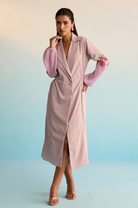 Buy_House Of Armuse_Purple Neoprene Embroidery Collared Handpainted Dress _Online_at_Aza_Fashions