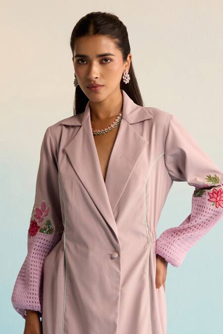 Shop_House Of Armuse_Purple Neoprene Embroidery Collared Handpainted Dress _Online_at_Aza_Fashions