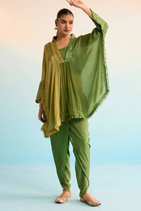 Shop House Of Armuse Green Crepe Sequins, Beads V-neck Liora Kaftan Set at Aza Fashions Shop_House Of Armuse_Green Crepe Sequins, Beads V-neck Liora Kaftan Set _at_Aza_Fashions